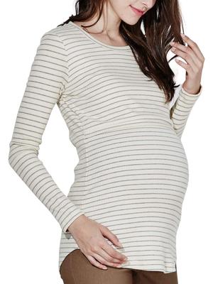 Sweet Mommy Maternity Nursing Clothes Tops Cotton Rib with Nursing Clothes Long Length Slim Fit Long Sleeves M White Border [Sweet Mommy] T-shirt