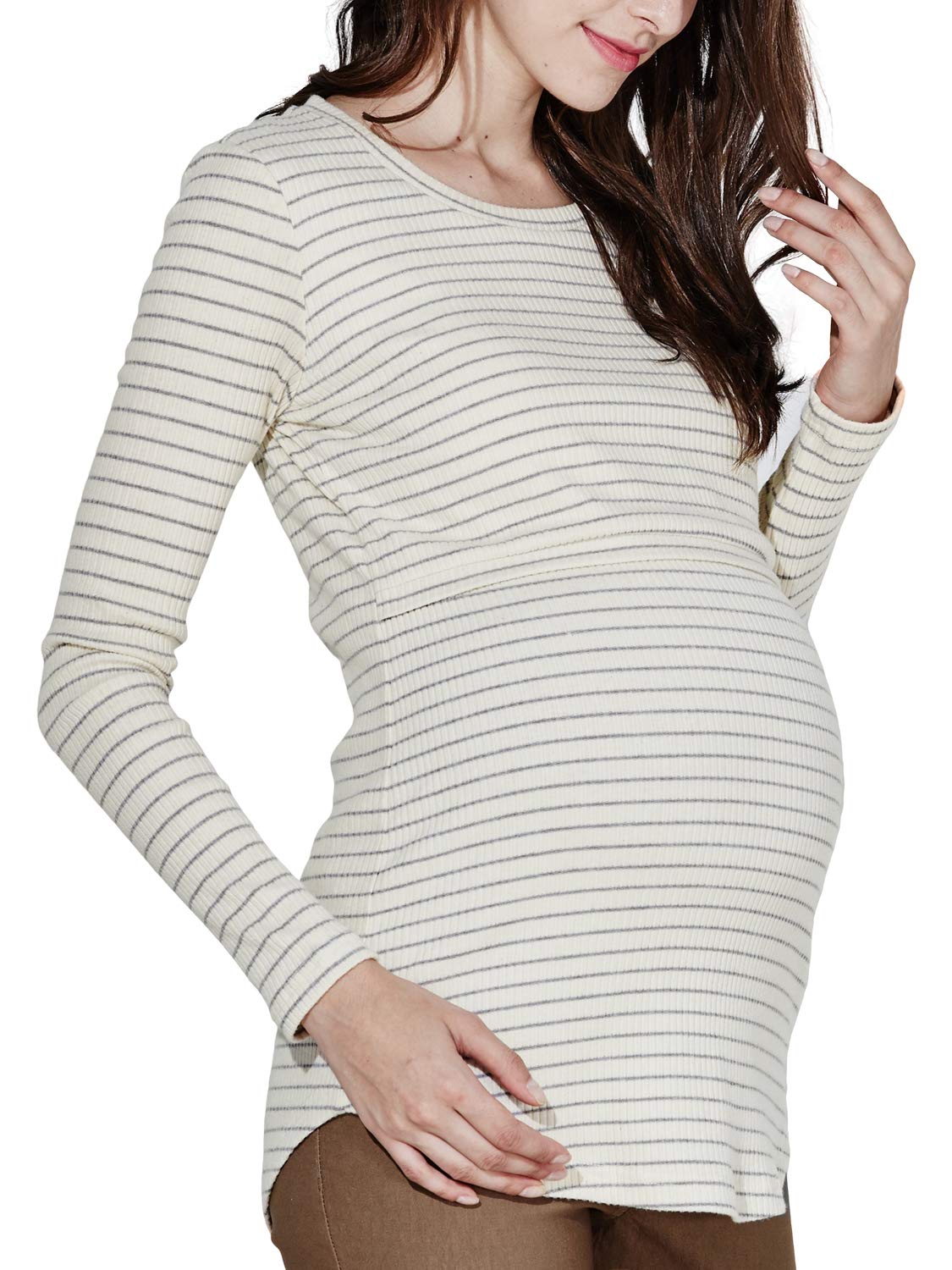 

Футболка Sweet Mommy для беременных и кормящих мам, топы из хлопкового ребра с одеждой для кормящих мам, длинная, облегающая, с длинными рукавами, белая кайма [Sweet Mommy]