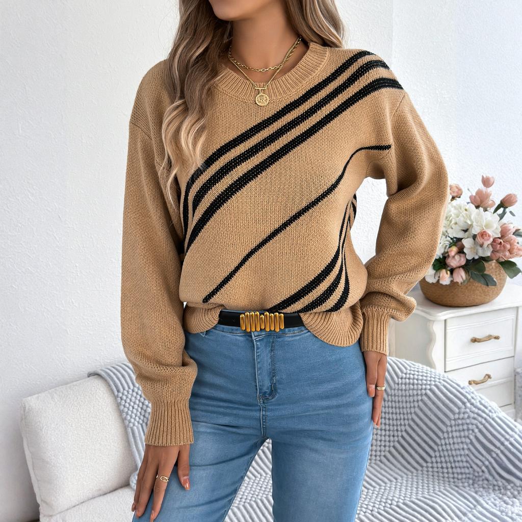 Women's Casual Striped Round Neck  Long Sleeve Pullover Sweater