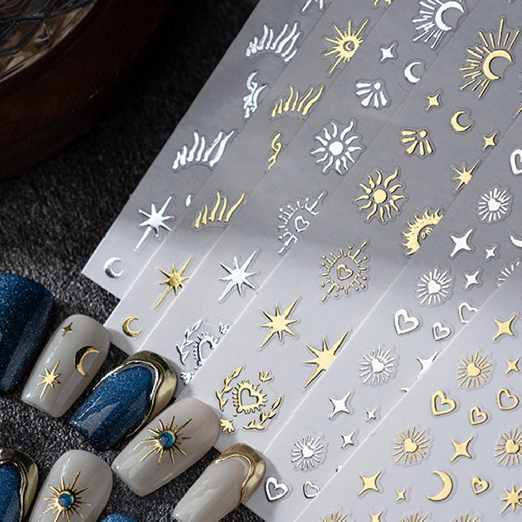 Random 5pcs Gold Silver Nail Art Decal Stickers Mixed Shapes Design Self-adhesive Sticker Acrylic Manicure Decorations Accessory