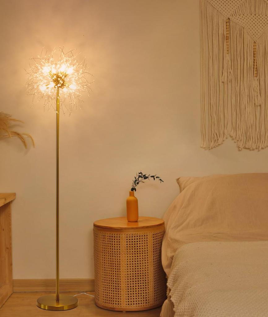 Chende Crystal and Brass Floor Lamp, Nordic Fireworks Design, 8-Light Chandelier, LED G9, Stylish, Bright, Modern, Floor-Standing, Easy Assembly,