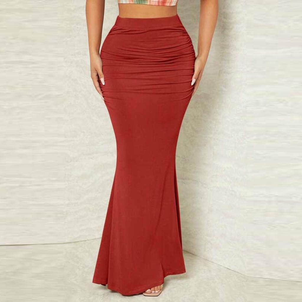 Women's Fashion Solid-Colour High-Waisted Slimming Stretch Pleated Fishtail Skirt