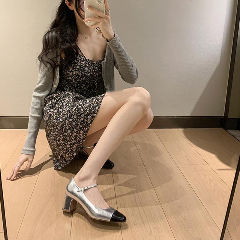Su Yinyin has the same French round head versatile color matching thick heel Mary Jane shoes temperament fairy style commuting thick heel single shoes