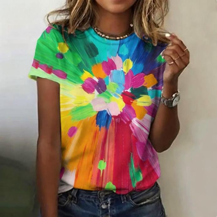 Round Neck 3D Colorful Printed Fashionable Casual Short Sleeved Women's T-shirts - Soft Medium Stretch Polyester Fabric Summer Relaxed Fit Clothing
