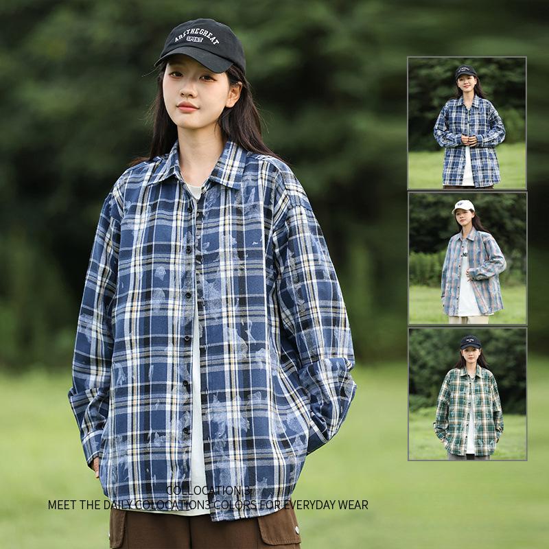 Tie-dye plaid long-sleeved shirts for men and women, autumn new trendy Hong Kong style casual jackets, youth tops
