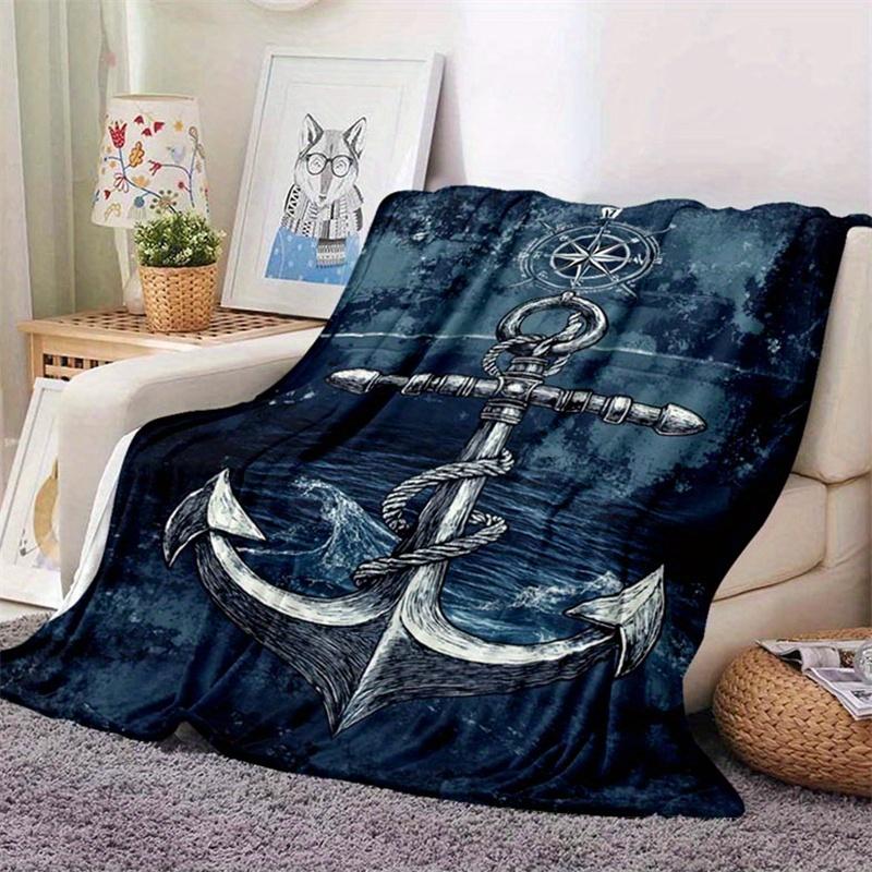 1pc Nautical Anchor & Waves Printed Throw Blanket - High-Quality Polyester, Rectangular, Knit Fabric, Ideal for Cozy Home Decor & Unique Gif