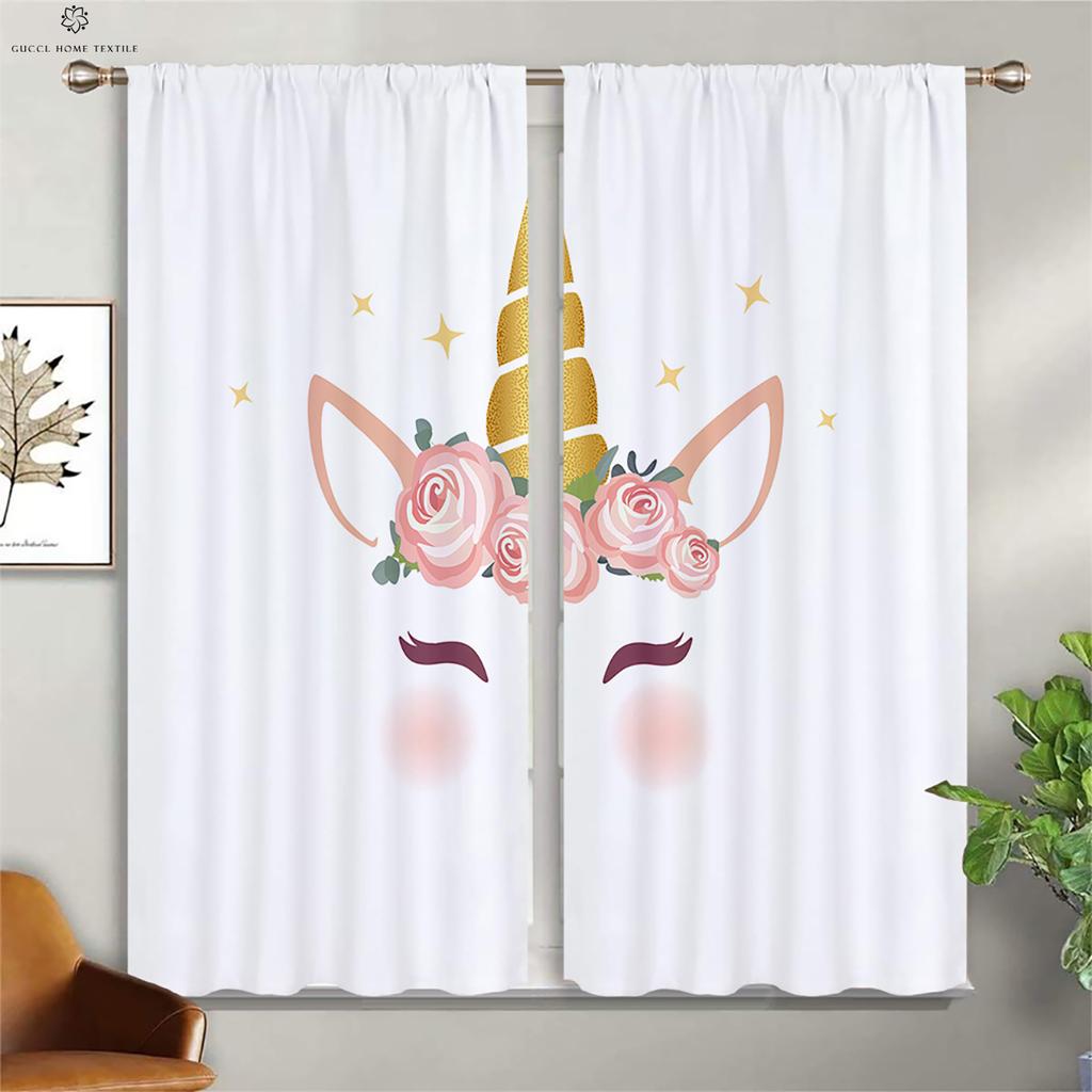 Animated Cartoon Unicorn Eyelash Curtains, Pink Floral Cute Pattern, Girl Room, Living Room, Study Window Decoration, 2Pcs