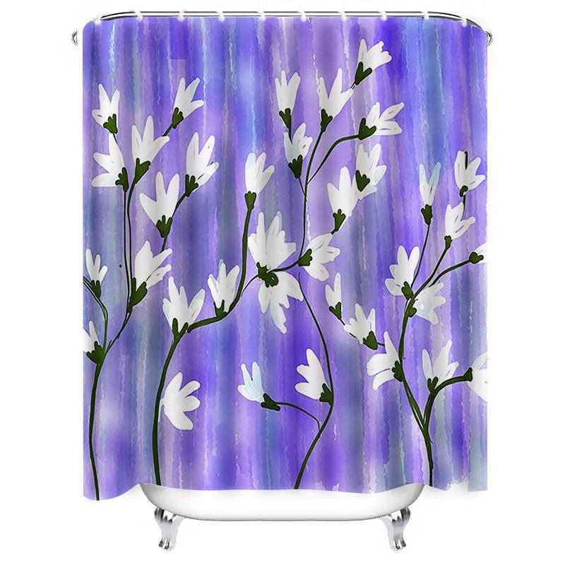 

White Flowers on Purple Watercolor Background Waterproof Shower Curtain Heat Resistant Machine Washable Non-Transparent 180cm 90X180cm(35x70in)