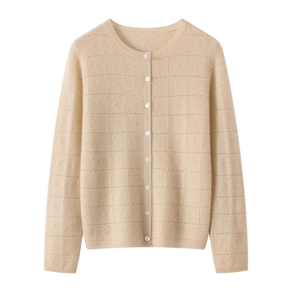 100% Cashmere 12-Gauge Plaid Hollow-Out Long-Sleeve Cardigan Coat