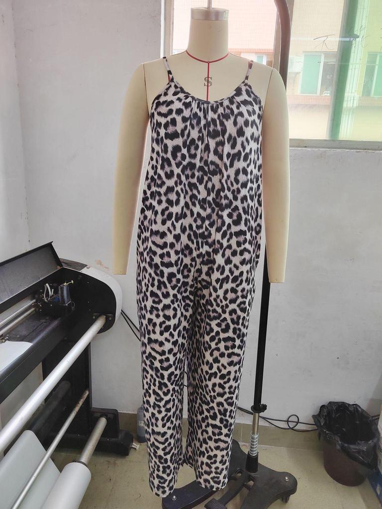 2024 Damen Leopard Print Ärmelloser Jumpsuit mit Taschen - Lockere Passform, Spaghetti-Träger, Lässiges Einteiliges