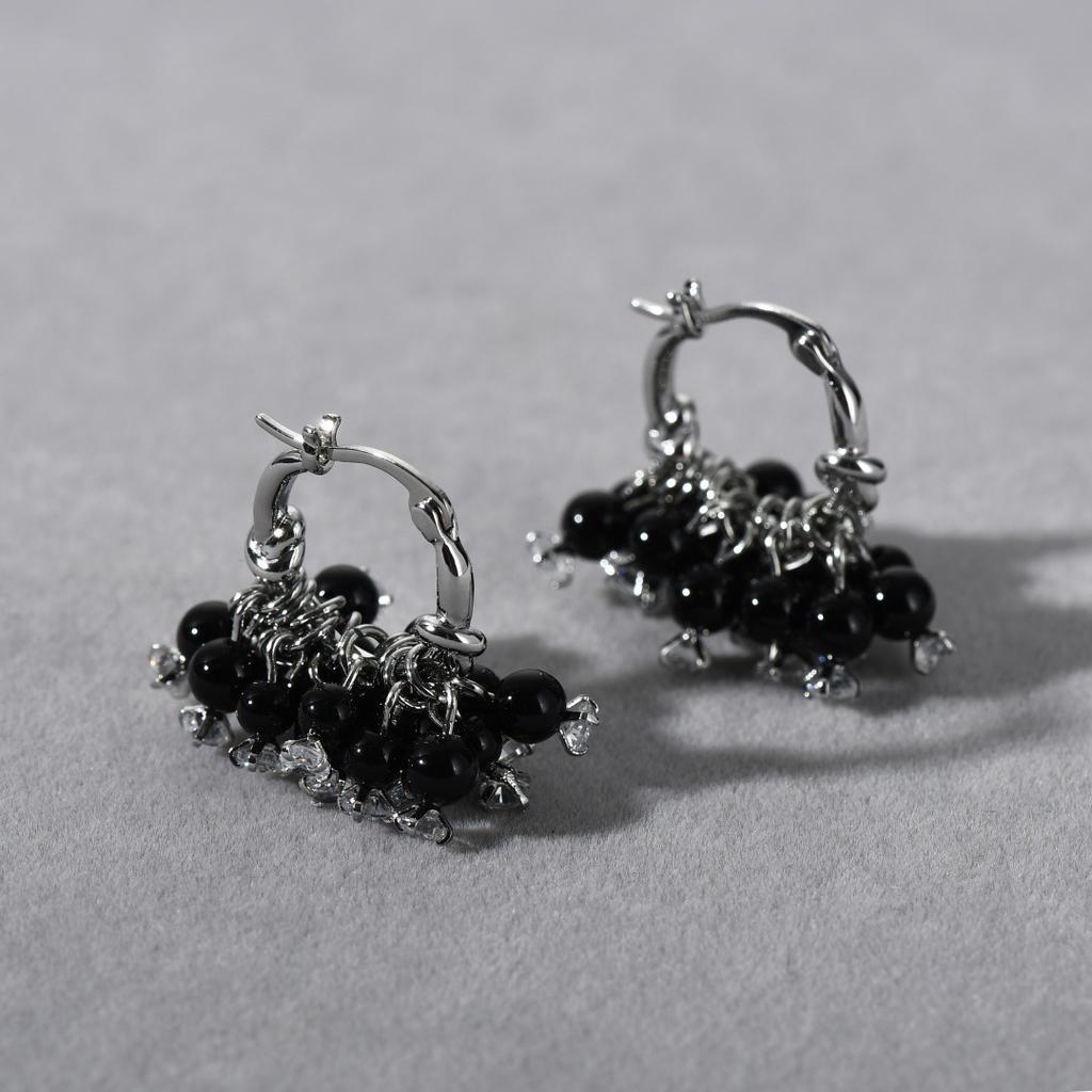 Fashion Trend Light Luxury Copper Platinum Plated Black Agate Beads Pendant Zircon Ear Buckle Temperament Earrings