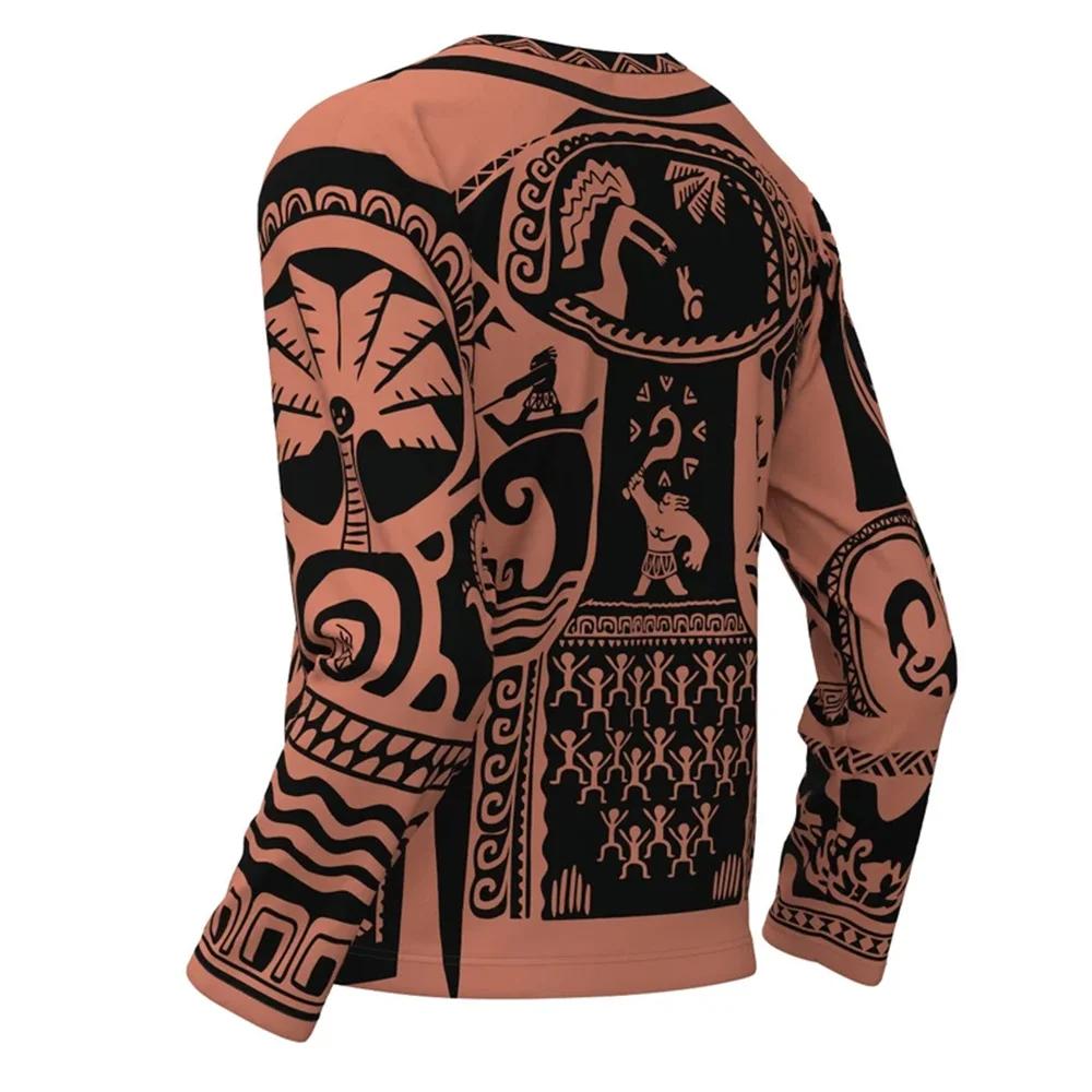 Spring and Autumn Round Neck Tribal Pattern 3D Printed Top Fashionable Casual Long Sleeved Men's T-shirts