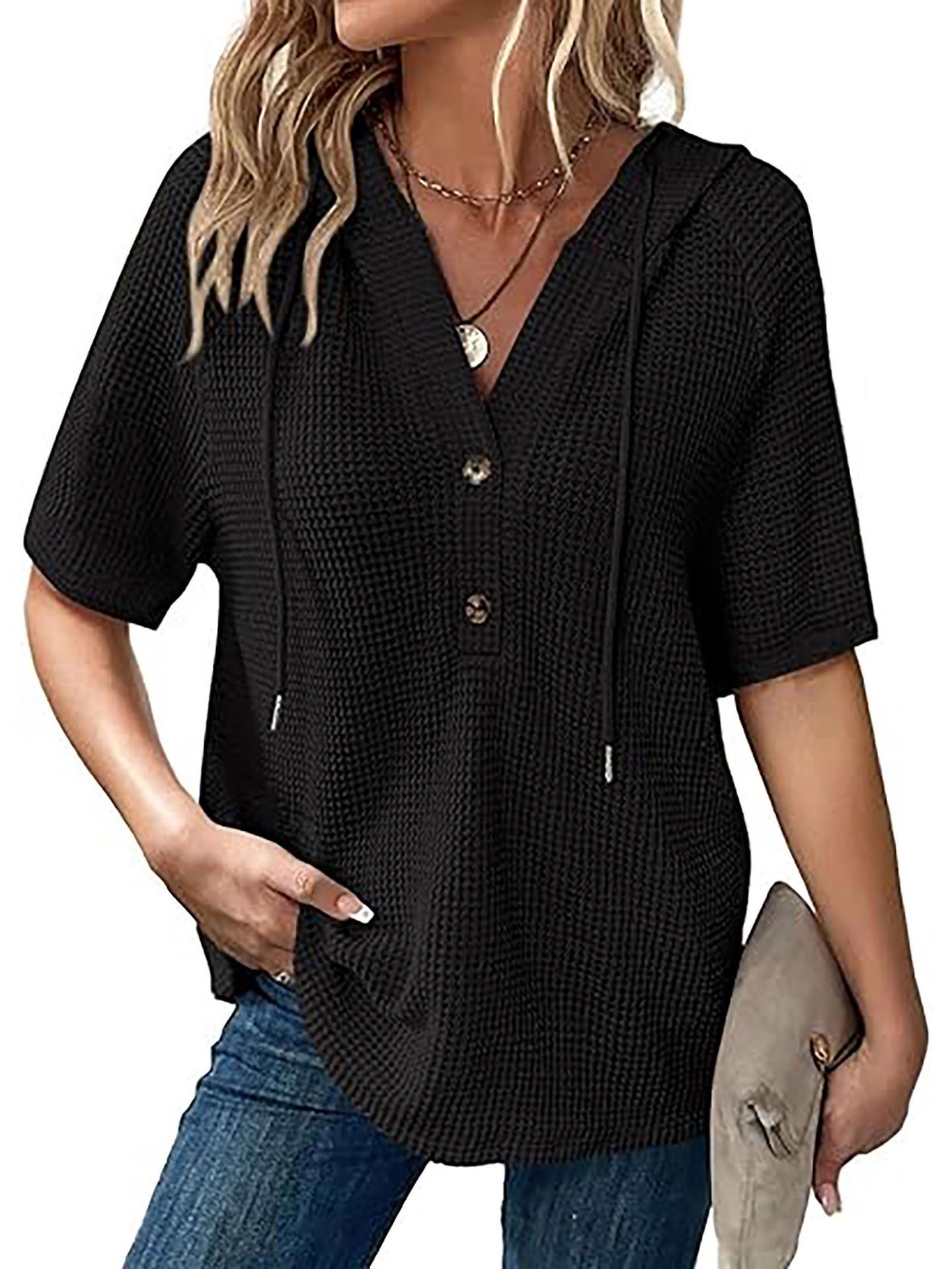 

Женская летняя толстовка с капюшоном из вафельной вязки - легкий топ с коротким рукавом, пуговицами, V-образным вырезом и шнурком XXL чёрный