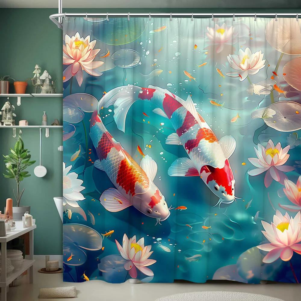Asian Scenery Shower Curtain Koi Cherry Blossom Vintage Bird Lotus Mountain Ink Painting Polyester Fabric Bathroom Decor Curtain