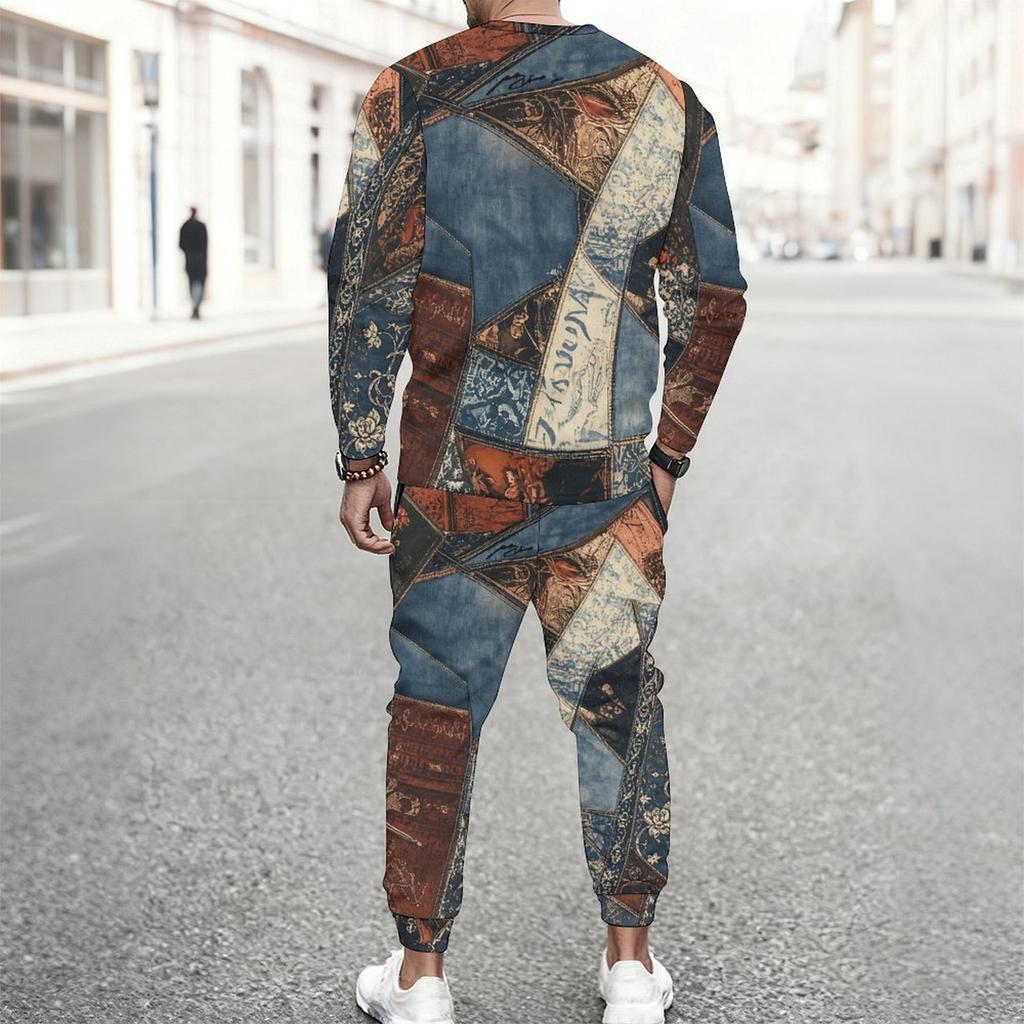 Men S Plus Size Tie Dye Printed Round Neck Long Sleeve Top Cuffed Pants Two Piece Set