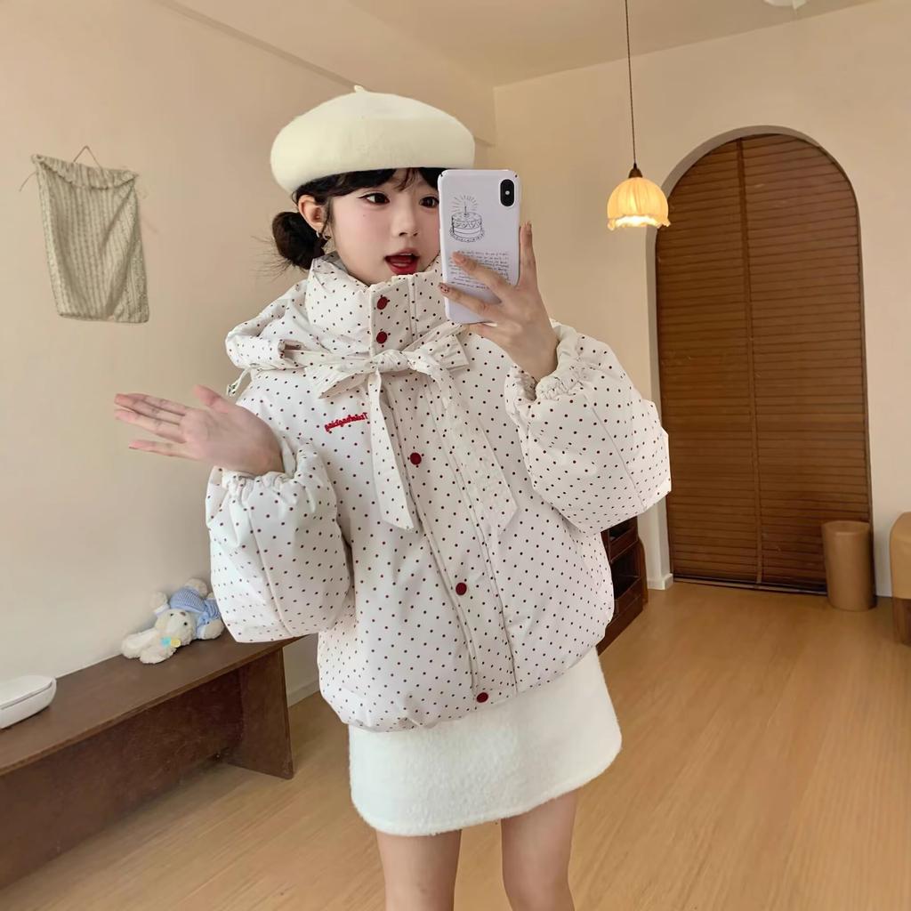 Sweet bow polka dot hooded cotton-padded jacket winter new warm thickened bread clothes cotton clothes women's short trendy