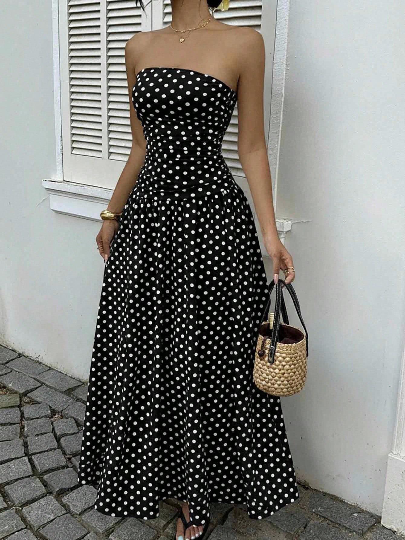 

Europe, America, spring and summer, sexy off-the-shoulder polka dot A-word elegant waist and thin dress, evening dress S чёрный