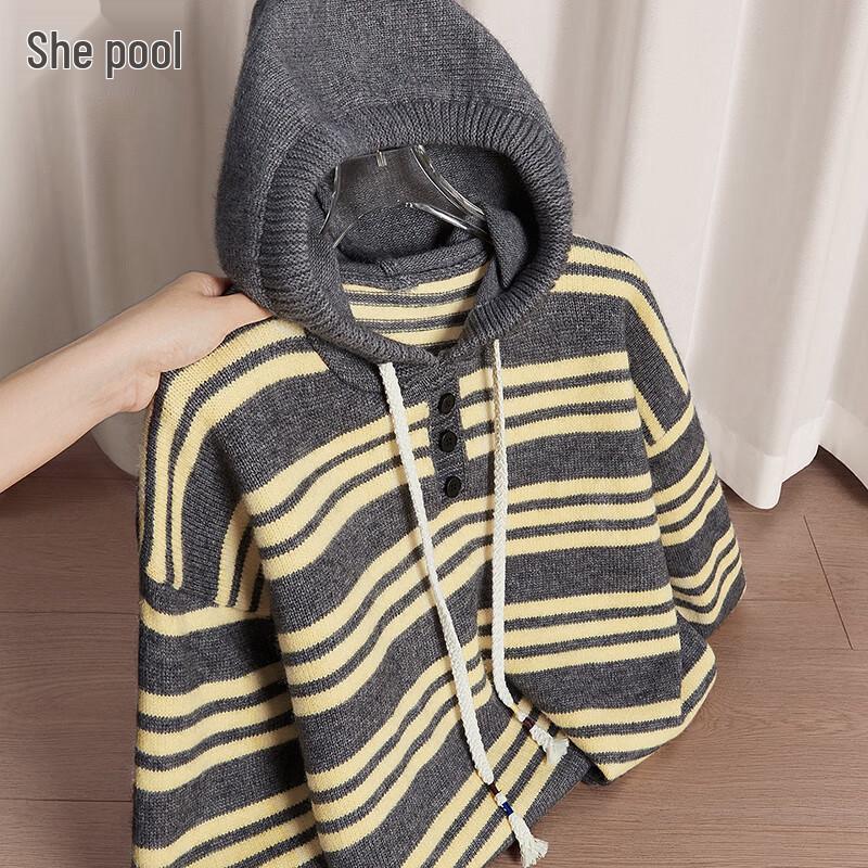 

Women s Contrast Stripe Hooded Knit Sweater One Size