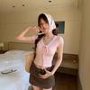 Korean Lace Polka Dot V-neck Lace-up Short-sleeved T-shirt Women's Summer New Unique Chic Slim-fitting Top