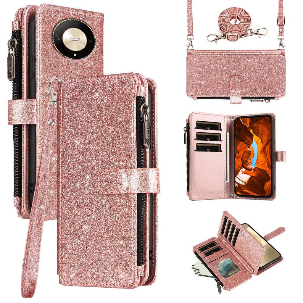 ASUWISH For Honor Magic6 Lite 5G/X9b 5G Case 10 Card Holder Glitter Leather Phone Cover with Crossbody Strap