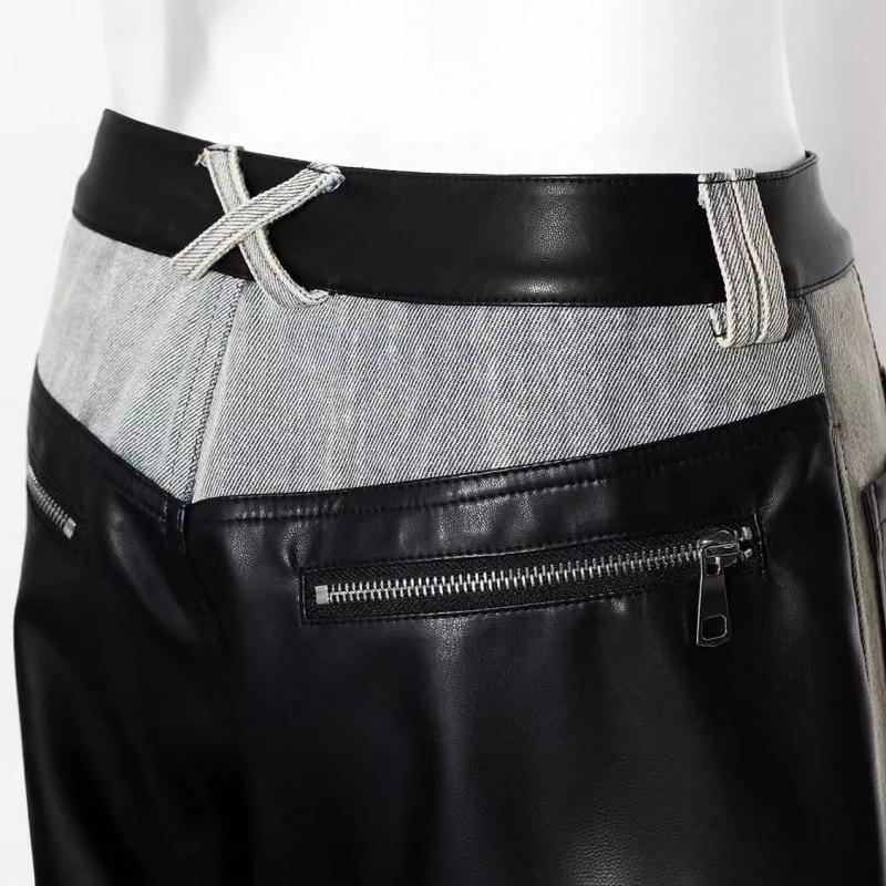 Women's Retro Washed Straight-Leg Jeans with Leather Splice, Contrasting Colors - 2025 Spring Street Style.