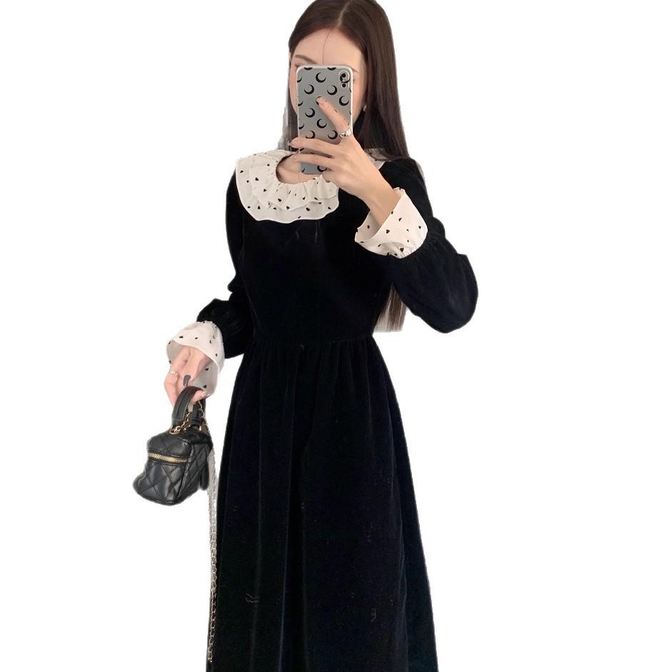 French lotus leaf collar velvet dress women's autumn and winter temperament high waist A-word skirt Hepburn style waist and thin long skirt