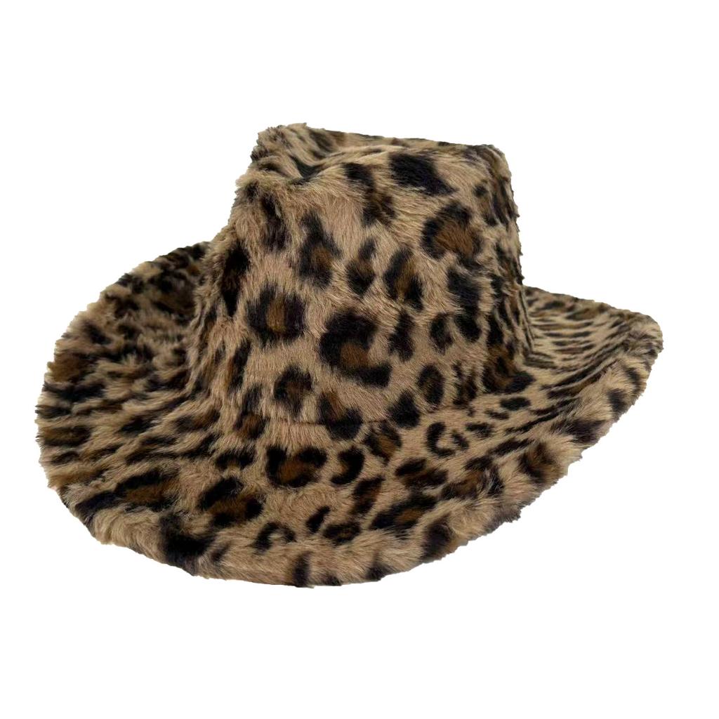 Autumn And Winter New Versatile Leopard Print Western Denim Hat Fleece Thickened Versatile Top Hat European And American Style Jazz Hat