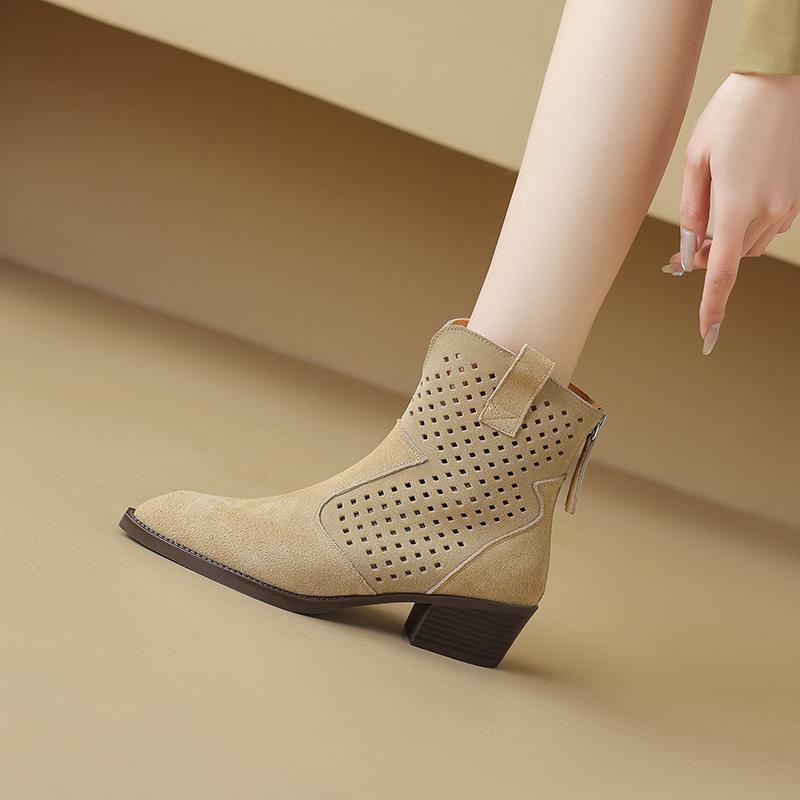Fashion 2025 Spring Autumn Chelsea Boots for Woman Cow Suede Pointy Toe Wedge Heel Ankle Boots Cutouts Comfortable Cowboy Boots Female