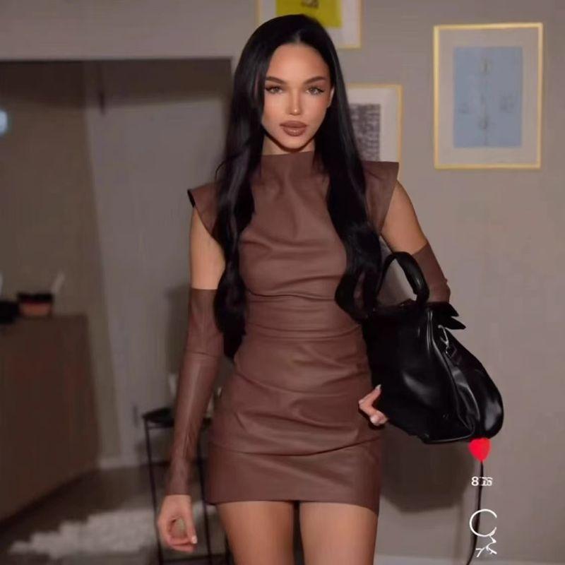 

Western Style PU Leather Stand Collar Oversleeve Sheath Pleat Dress Fashionable PU Leather Dress CAMEL S