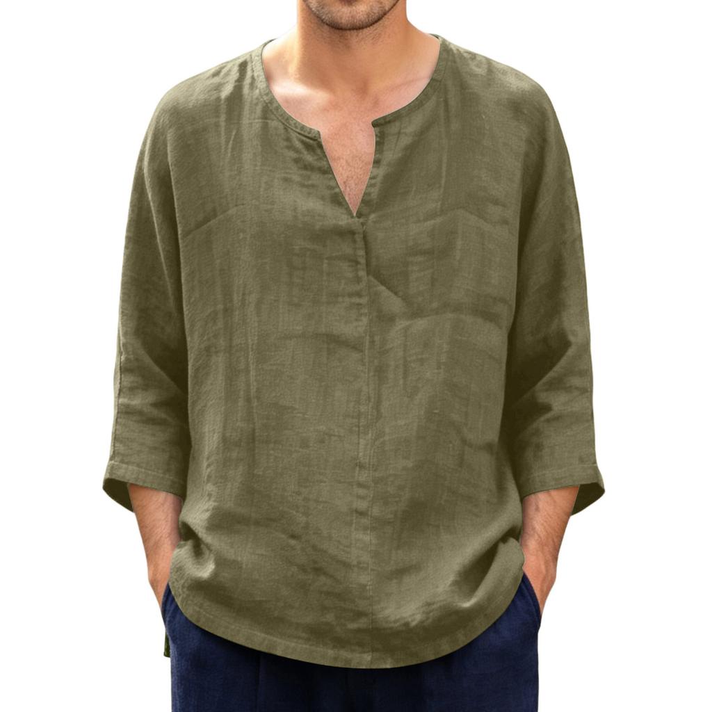 Men’s Cotton Linen Casual Seven Quarter Sleeve Loose Fit Shirt with V Neck and Lightweight Breathable Fabric for Daily Wear