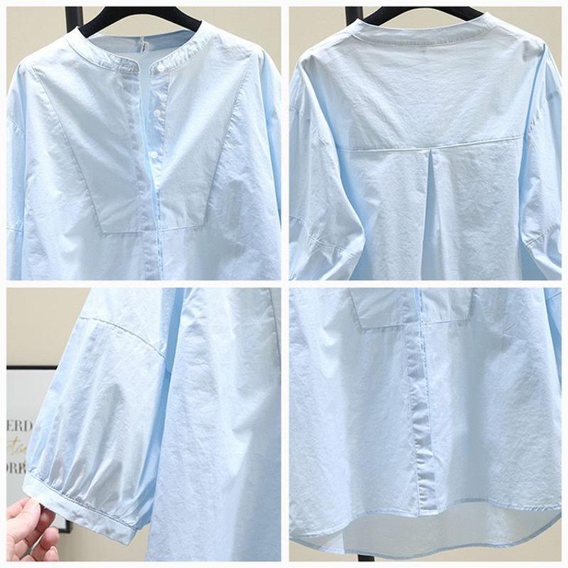 Women's Light Blue Round Neck Blouse 3/4 Puff Sleeves Loose Comfortable Casual Shirts