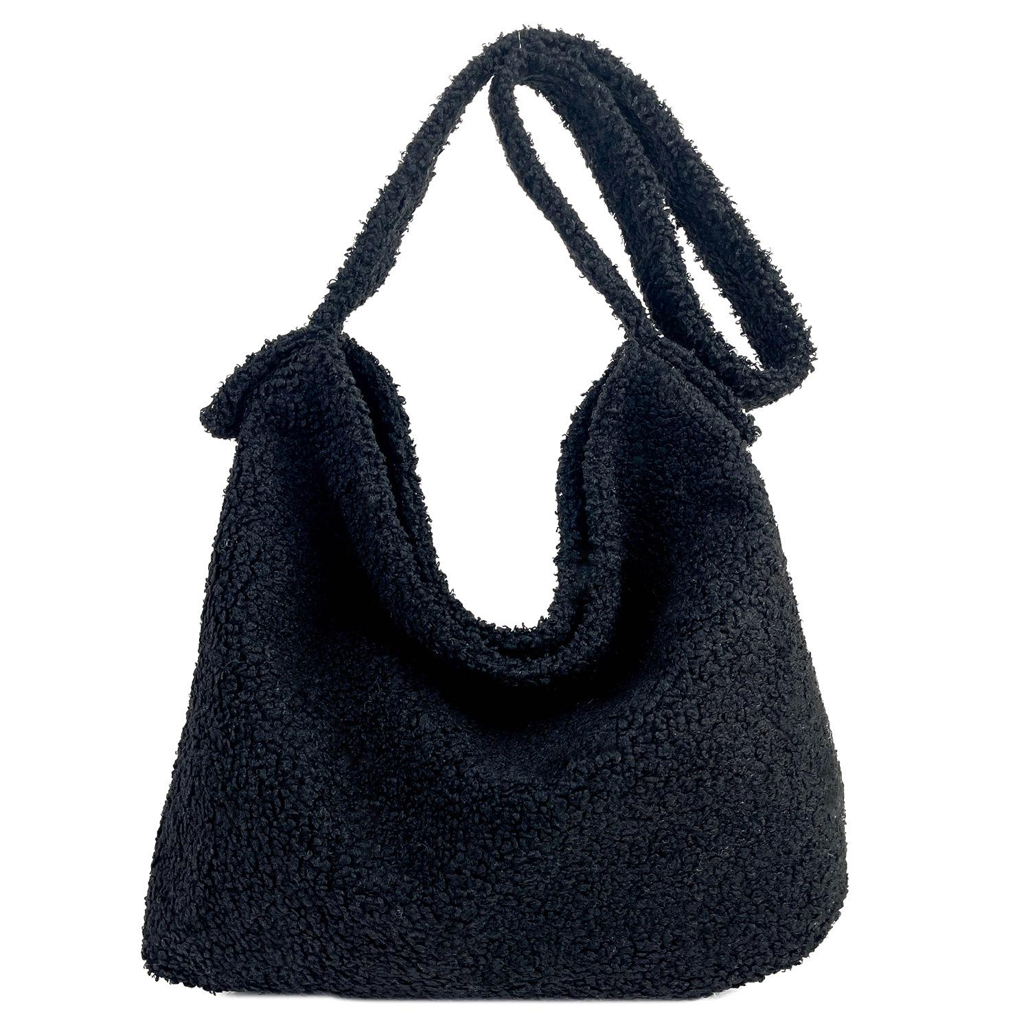 

Fashionable Shoulder Bag Imitation Sheepskin Wool Large Capacity Solid Color Toto Commute Soft Winter чорний