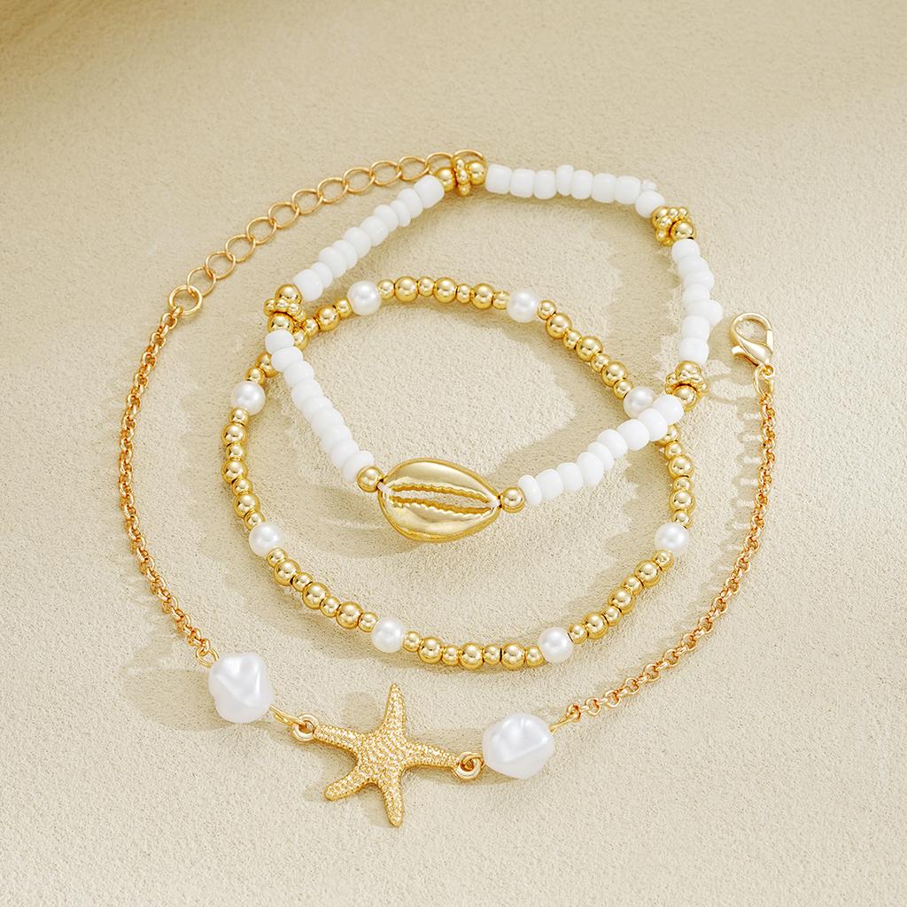 3pcs Fashionable Romantic Beach Women's Starfish Shells, Rice Artificial Pearl Ankle Chains