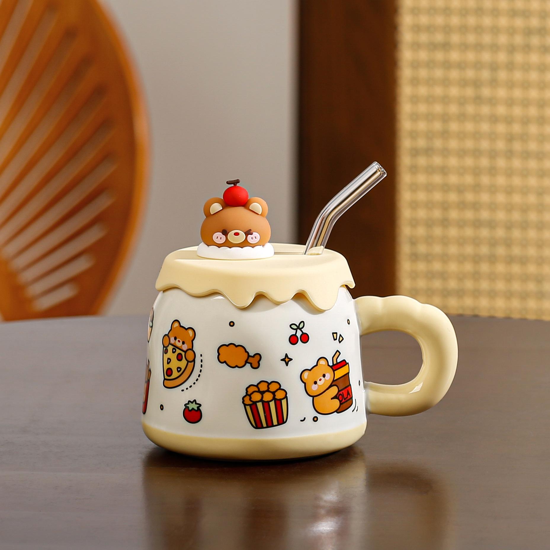 Cute Cartoon Dessert Bear Straw Cup with Lid Cute Mug Large Capacity Small Gift Ceramic Mug High Temperature Resistant ≈400ml