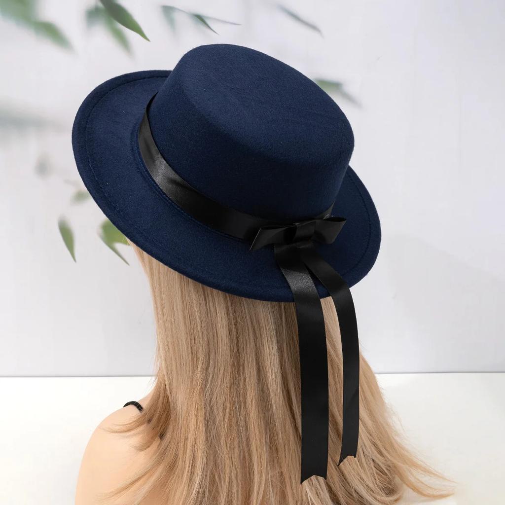 Handmade  Uniform Hat Elegant Flat Top Flat Edge Woolen Academy Style Bowtie Ribbon Hat