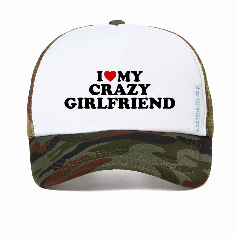 Funny I Love My Crazy Girlfriend GF Red Heart Baseball Cap Birthday Gift Summer Adjustable Mesh Breathable Trucker Hat