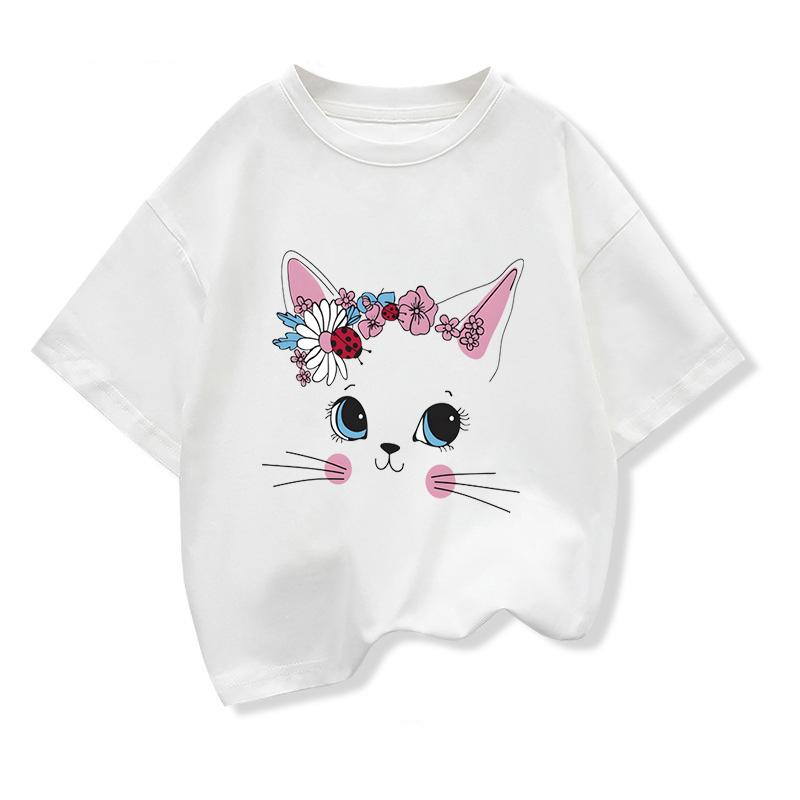 Smile Cartoon Cat Graphic Kids Clothing Tees T Shirt 2025 Girls Loose Short Sleeve T-shirt Kids Birthday Tee Children Clothes