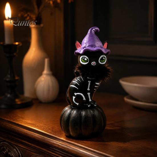 Atmospheric Living Room Decor Halloween Pumpkin Witch Hat Black Cat Ornament, Resin Desktop Skeleton Figurines Statue, Creative Cartoon Figurine