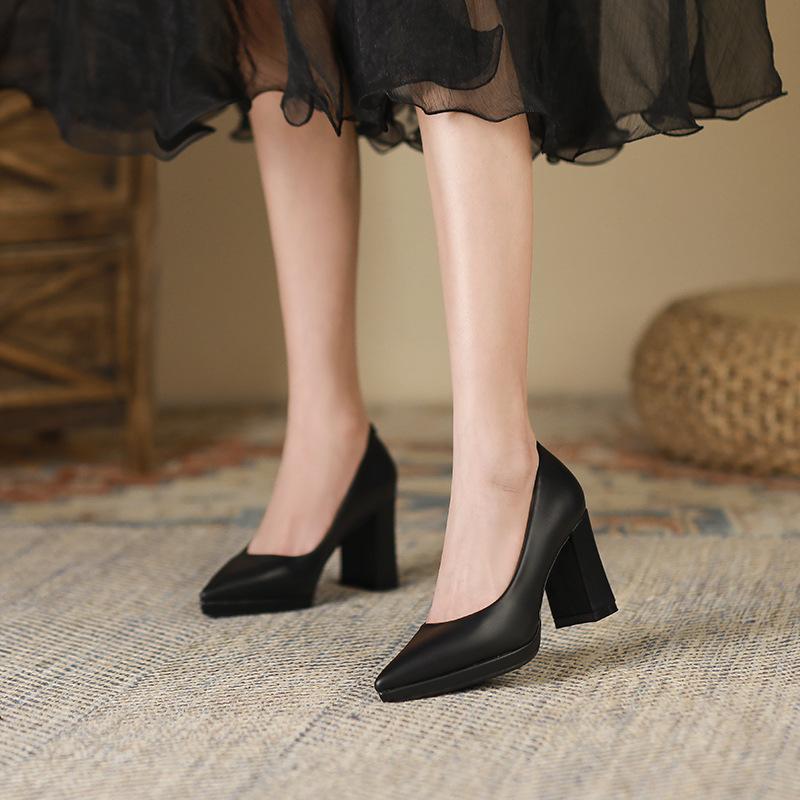 99 French pointed single shoes women's autumn new thick heels high heels women's pedal waterproof table women's shoes