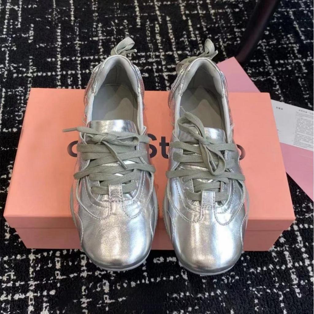 Cowhide version~ retro denim ballet shoes lace-up pleated German training shoes women's one-pedal flat-soled single shoes casual shoes