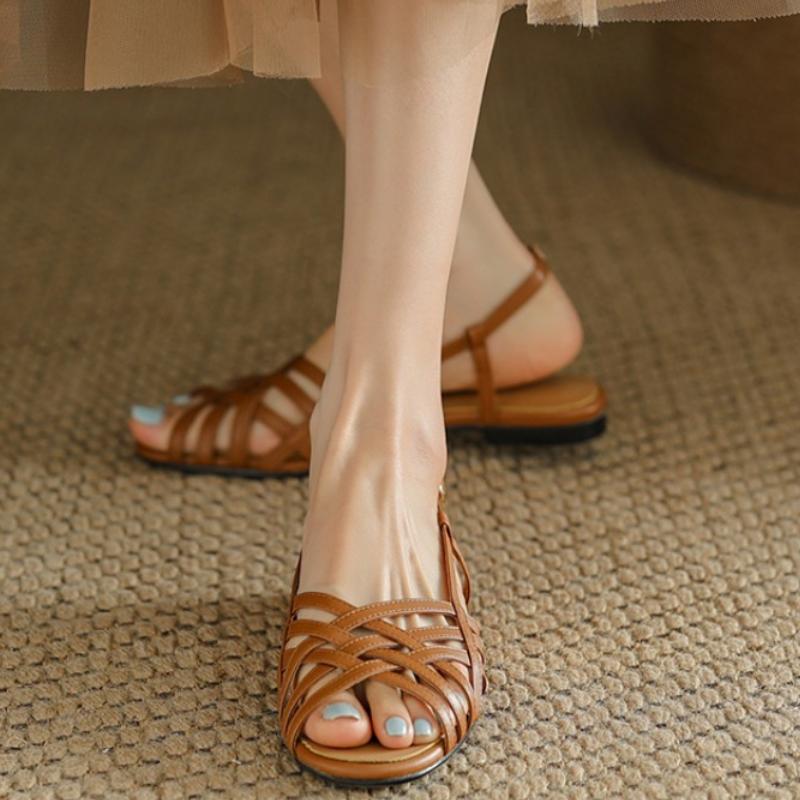 Rome Woven Sandals Women Flat European and American Women's Shoes White Low Heel Hollow Fish Mouth Shoes
