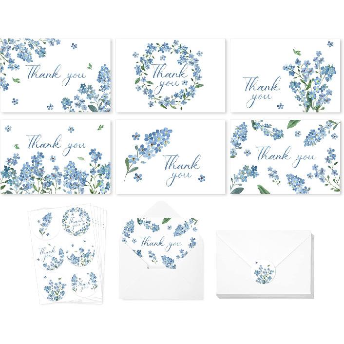 AnyDesign 36 Pack Blue Floral Thank You Cards Bulk Forget-Me-Not Myosotis Sylvatica Flower Greeting Cards with Envelope Sticker Thank You Note Cards