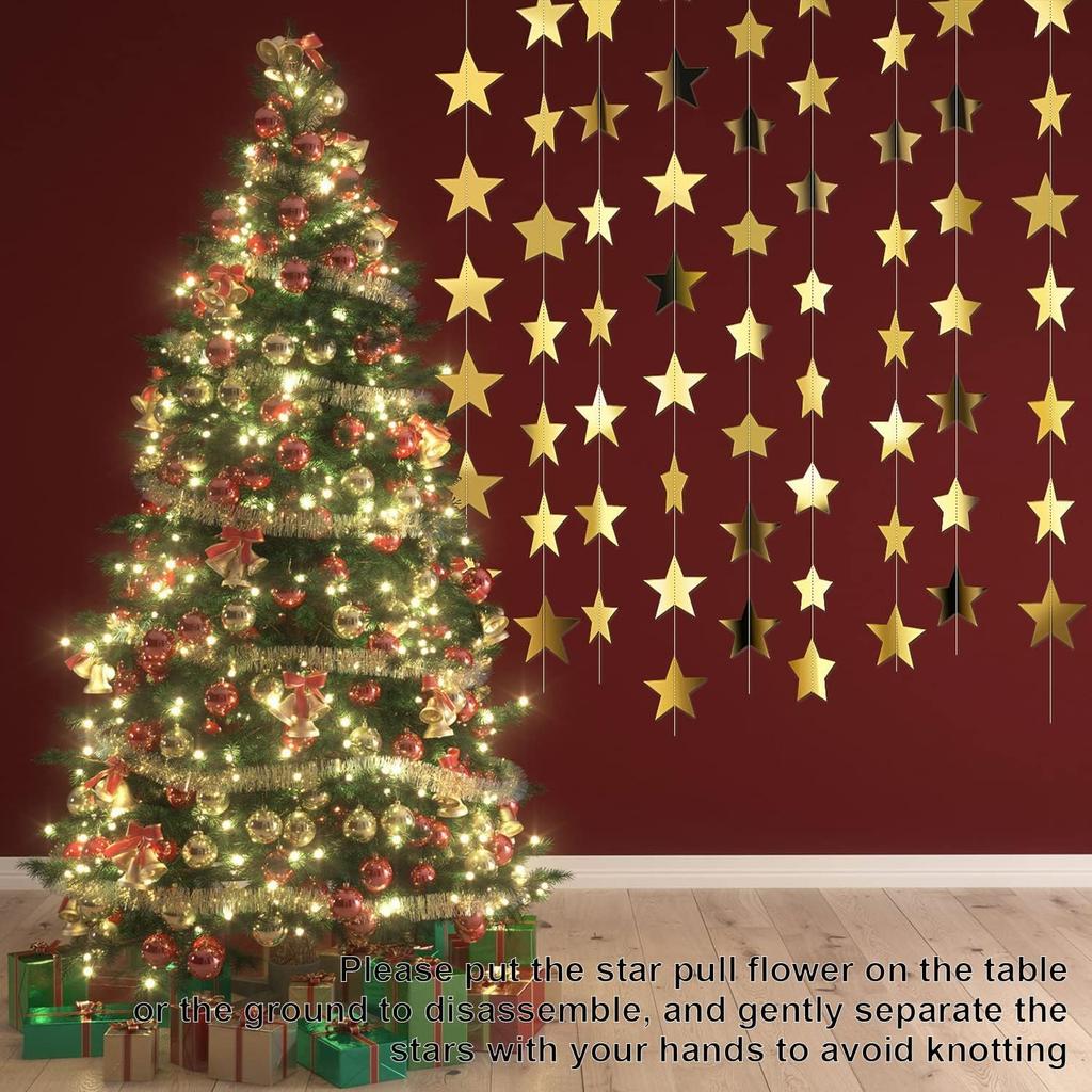 Glitter Gold Star Garland - 104 Ft Banner Backdrop for New Year, Birthday, Wedding & Party