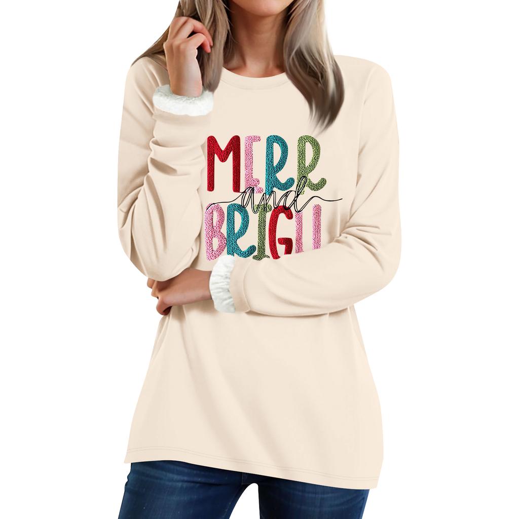 Women's Round Neck Top Printing Thickened Plush Cashmere Warm Long Top