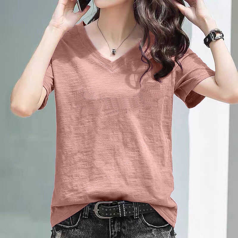 

Cotton Bamboo Rayon Women s T-shirt Loose Fit V-neck Casual Top Comfortable Breathable Summer T-shirt XXXL рожевий