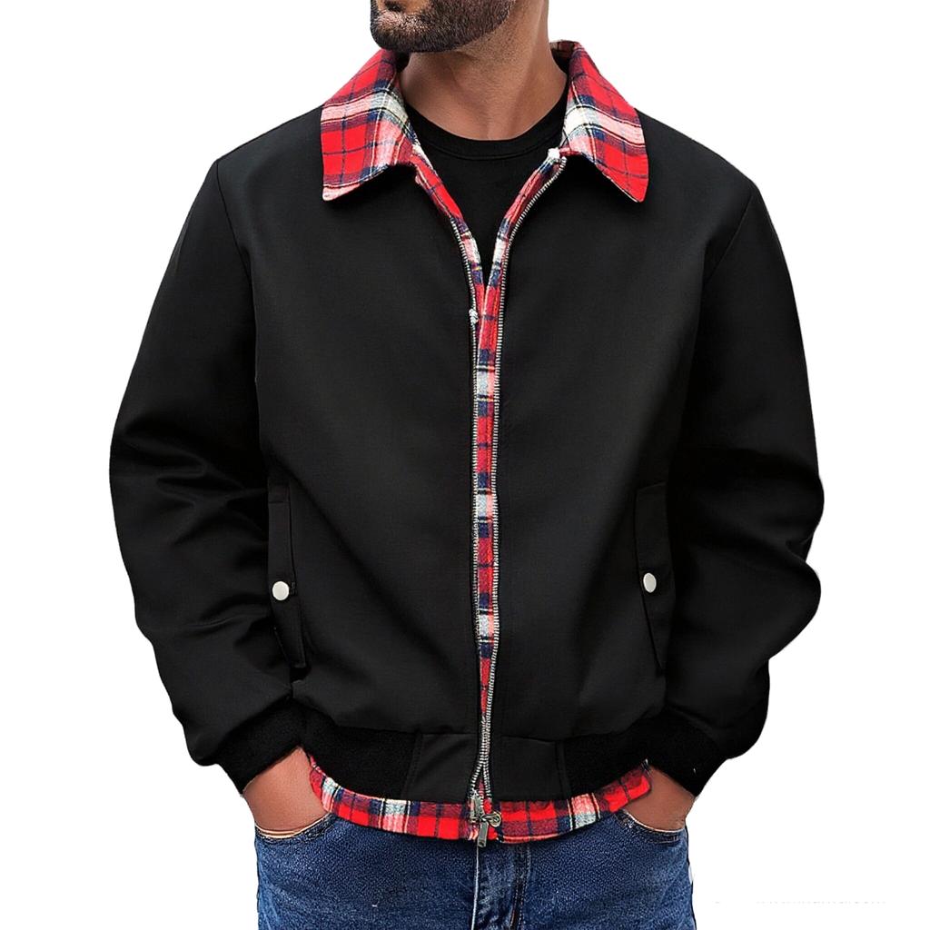 Men's Casual Checkered Lapel Fake Two-piece Jacket, Men's Loose Casual Zipper Jacket