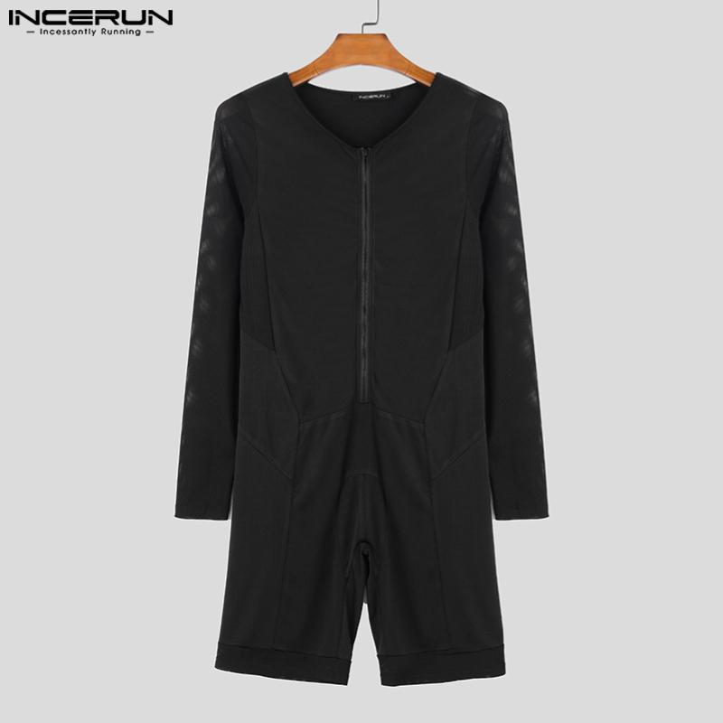 INCERUN Men Long Sleeve Mesh Patchwork One Piece Bodysuits Jumpsuits Short Playsuits