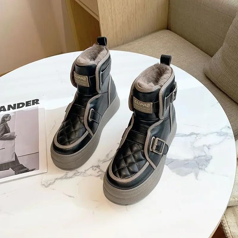 Fashion Plus Warm Ladies Snow Boots Elegant With Medium Heels Female Shoes Padded Boot Furry Trend 2024 Spring Autumn Protective Fashion
