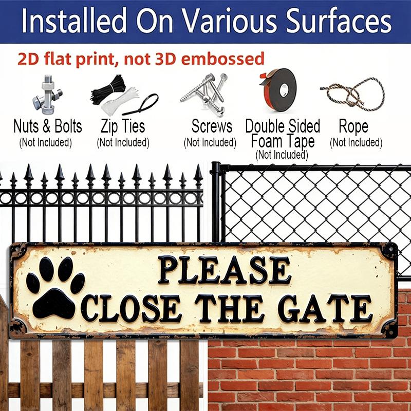 2D Flat, 1 Stylized "Please Close The Gate" Metal Sign with Dog Paw Print - Vintage Farmhouse Wall Decor, Suitable for Porch, Entryway, Garden