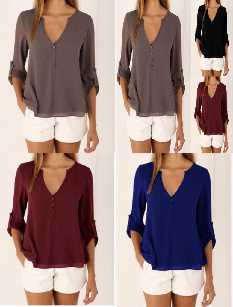 Women Casual Sexy Deep V Neck Chiffon Blouse Shirt With Slim Waist And Long Sleeves